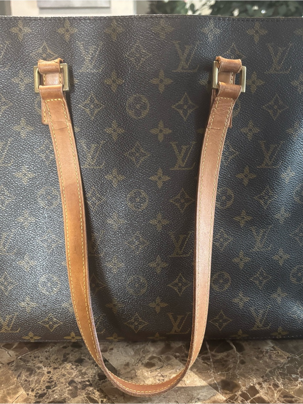 Louis Vuitton Monogram Canvas Tote in Dark Brown with Tan Leather Straps